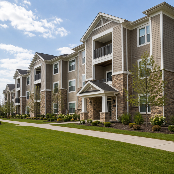 Modern apartment complex with landscaped lawn-1-1